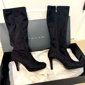 Tahari 3.5” heel black faux suede tall boots (never worn)